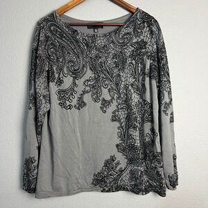 Susan Graver Cotton Blend Paisley Print Knit Top Long Sleeve Gray Pullover Sz XL
